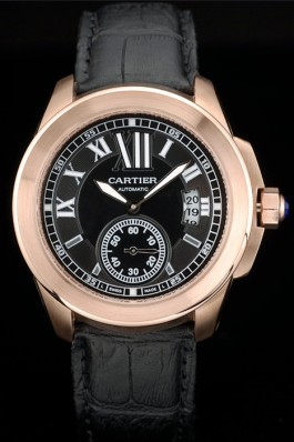 Cartier Calibre Black Dial Gold Case Black Leather Bracelet