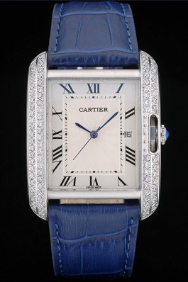 Cartier Tank Anglaise 36mm White Dial Diamonds Steel Case Blue Leather Bracelet