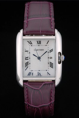 Cartier Tank Anglaise 30mm White Dial Stainless Steel Case Purple Leather Bracelet