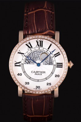 Cartier Moonphase Rose Gold Watch with Brown Leather Band ct252 621371