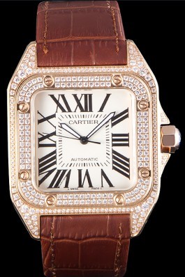 Swiss Cartier Santos Rose Gold Bezel with Diamonds and Brown Leather Strap sct46 621530