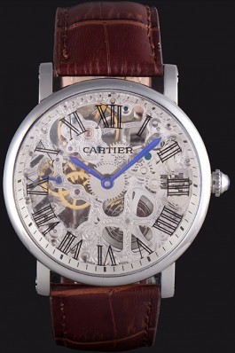 Cartier Luxury Skeleton Watch with Silver Bezel and Brown Leather Band 621558