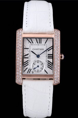 Cartier Tank MC Gold Diamond Case White Dial White Leather Strap 622169