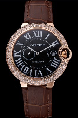 Swiss Cartier Ballon Bleu Diamond Case Black Dial Brown Leather Bracelet 622679