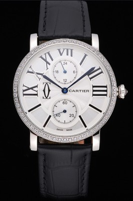 Cartier Ronde Second Time Zone White Dial Stainless Steel Case With Diamonds Black Leather Strap 622804