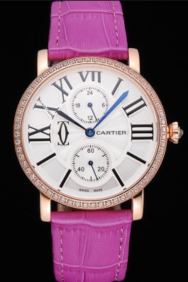 Cartier Ronde Second Time Zone White Dial Gold Case With Diamonds Pink Leather Strap 622811