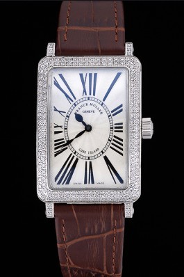 Franck Muller Long Island Classic White Dial Diamonds Case Brown Leather Band 622369