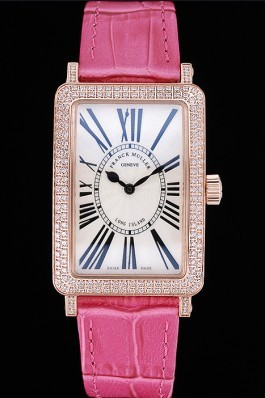Franck Muller Long Island Classic White Dial Diamonds Case Pink Leather Band 622373