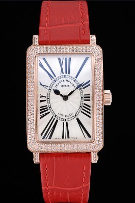 Franck Muller Long Island Classic White Dial Diamonds Case Red Leather Band 622375