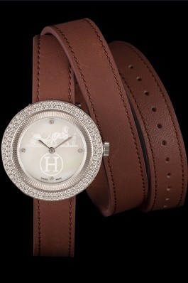 Hermes Classic MOP Dial Brown Elongated Leather Bracelet 801393