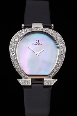 Omega Ladies Watch Pearl Dial Stainless Steel Case With Diamonds Black Leather Strap 622828