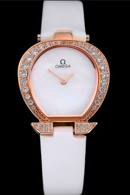 Omega Ladies Watch White Dial Gold Case With Diamonds White Leather Strap 622829