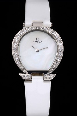 Omega Ladies Watch White Dial Stainless Steel Case With Diamonds Case White Leather Strap 622824