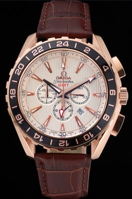Omega Seamaster Aqua Terra Chrono GMT Ivory Dial Brown Leather Bracelet 622534
