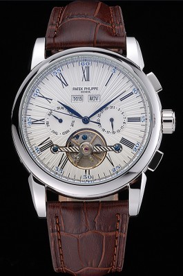 Patek Philippe Grand Complications Stainless Steel Case White Dial Roman Numerals Brown Leather Strap 622254
