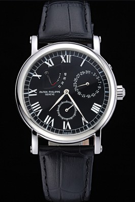 Patek Philippe Geneve Complications Black Dial Stainless Steel Bezel Black Leather Band 622141