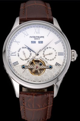 Patek Philippe Day Date Tourbillon White Dial Stainless Steel Case Brown Leather Strap 622840