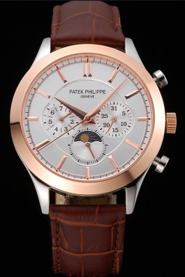 Patek Philippe Moonphase Chronograph White Dial Gold Case Brown Leather Strap 622843
