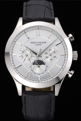 Patek Philippe Moonphase Chronograph White Dial Stainless Steel Case Black Leather Strap 622841