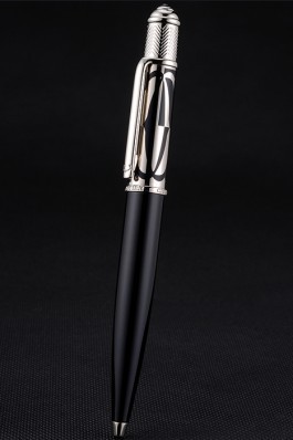 Cartier Silver Rimmed Silver Patterned Upper Body Black Ballpoint Pen 622757