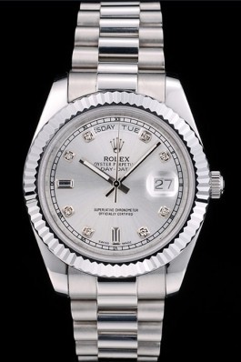Rolex Swiss Top Replica 9211 DayDate Stainless Steel Ribbed Bezel Silver Dial 41995