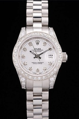 Rolex Top Replica 8737 Silver Stainless Steel Strap DateJust Brushed Stainless Steel Diamond Plated Case White Dial Diamond Plated Bezel