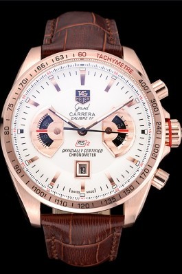 Tag Heuer Top Replica 9227 Carrera Rose Gold Case White Dial Brown Leather Strap
