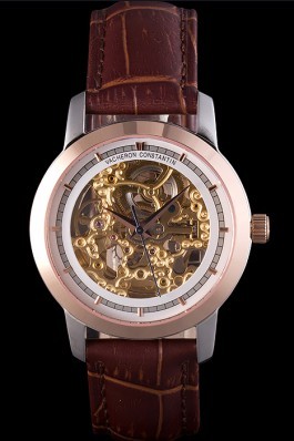Vacheron Constantin White Skeleton Watch with Rose Gold Bezel and Brown Leather Strap 621539