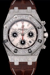 Swiss Audemars Piguet Royal Oak Chronograph White Dial Diamond Case Brown Leather Strap 622868