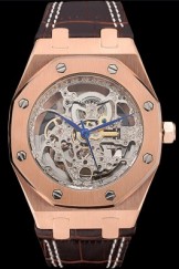 Audemars Top Replica 7729 Brown Leather Strap Royal Oak Skeleton Gold Case Rose Gold Stainless Steel Luxury Watch