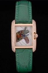 Cartier Tank Anglaise White Tortoise Dial Diamonds Gold Case Green Leather Bracelet