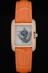 Cartier Tank Anglaise White Dragon Dial Diamonds Gold Case Orange Leather Bracelet