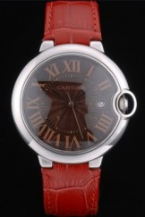 Cartier Ballon Bleu 42mm Brown Dial Stainless Steel Case Red Leather Bracelet
