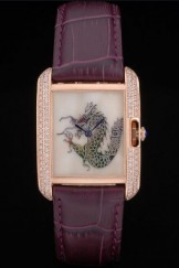 Cartier Tank Anglaise White Dragon Dial Diamonds Gold Case Purple Leather Bracelet