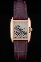 Cartier Tank Anglaise White Tiger Dial Gold Case Purple Leather Bracelet