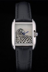 Cartier Tank Anglaise White Tiger Dial Stainless Steel Case Black Leather Bracelet