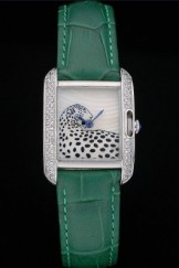 Cartier Tank Anglaise White Tiger Dial Diamonds Steel Case Green Leather Bracelet