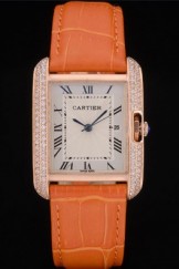 Cartier Tank Anglaise 30mm White Dial Diamonds Gold Case Orange Leather Bracelet