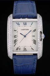 Cartier Tank Anglaise 36mm White Dial Diamonds Steel Case Blue Leather Bracelet
