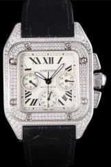 Swiss Cartier Santos Silver Bezel with Diamonds and Black Leather Strap sct44 621528