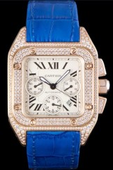 Swiss Cartier Santos Rose Gold Bezel with Diamonds and Blue Leather Strap 621529