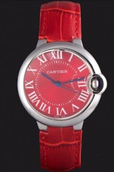 Cartier Ballon Bleu Silver Bezel with Red Dial and Red Leather Band 621556