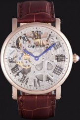 Cartier Luxury Skeleton Watch with Rose Gold Bezel and Brown Leather Band 621557