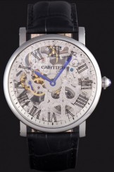 Cartier Luxury Skeleton Watch with Silver Bezel and Black Leather Band 621559