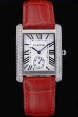 Cartier Tank MC Stainless Steel Diamond Case White Dial Red Leather Strap 622173