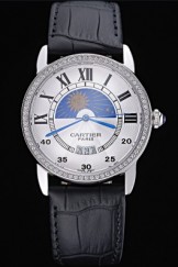 Swiss Cartier Moonphase Stainless Steel Diamond Case White Dial 622187