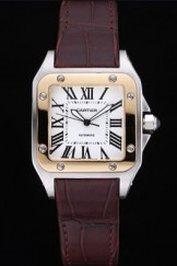 Cartier Santos Automatic Stainless Steel & Gold Case Brown Leather Strap 622245