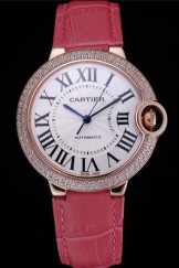 Swiss Cartier Ballon Bleu de Cartier White Dial Diamonds Case Pink Leather Bracelet 622553