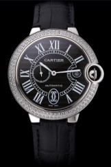 Swiss Cartier Ballon Bleu Diamond Case Black Dial Black Leather Bracelet 622677
