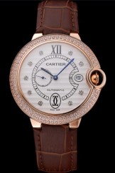 Swiss Cartier Ballon Bleu Diamond Case White Dial Brown Leather Bracelet 622678